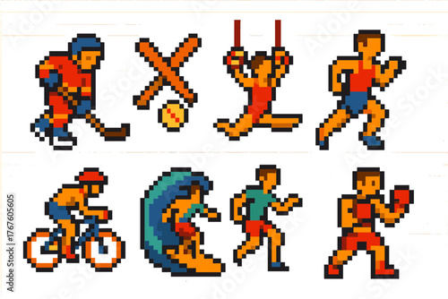 8 pixel art characters in 8-bit style on a white background. Theme — various sports in a retro gaming format.