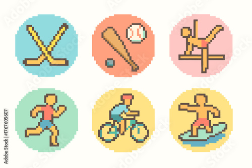 A set of 6 pixel art icons in the style of 8-bit video games, each in a separate circle with a pastel background. Ideal for game design, sports apps, retro games, and fitness themes.