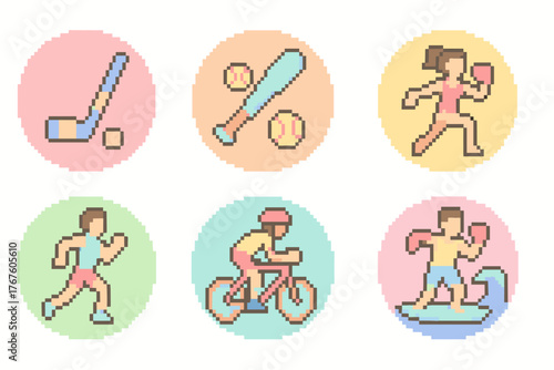 6 pixel art icons in circles with a pastel background. Theme: various sports in a retro game style.