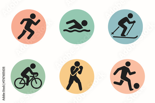 A set of 6 minimalist round icons in flat design style with black silhouettes on pastel-colored backgrounds. Each icon depicts a sport.
