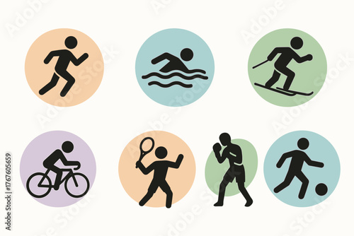 7 colored circles with black silhouette flat icons. Theme: various sports and physical activities.