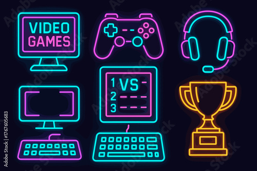 A set of 6 neon icons in cyberpunk style on a dark background. Each icon is highlighted with bright neon outlines (turquoise, pink, blue, orange). Each icon is related to gaming.