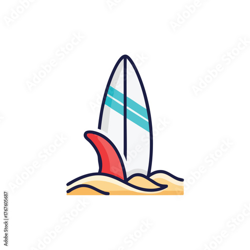 A colorful of a surfboard stuck in the sand on a beach.