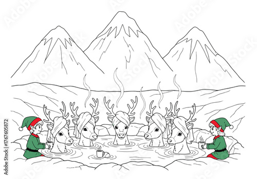 Reindeer relaxing in hot spring