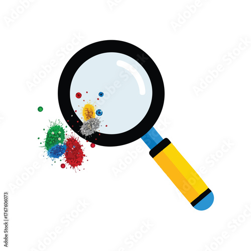 Magnifying glass examining colorful microscopic virus or bacteria.