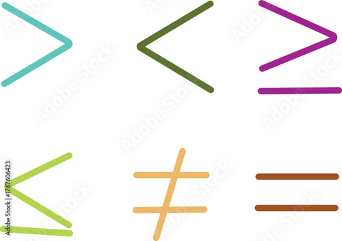 Colorful Math Symbols — Greater Than, Less Than, Equal, Not Equal Signs Vector Illustration