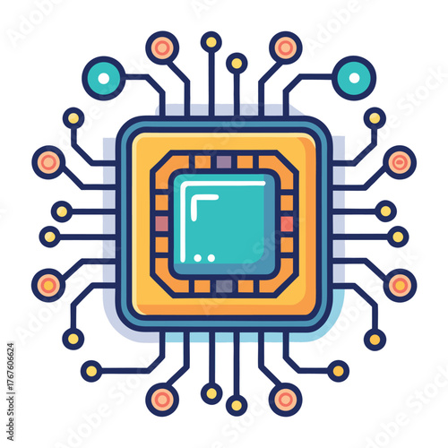 Colorful AI microchip illustration with circuit connections in a modern flat style