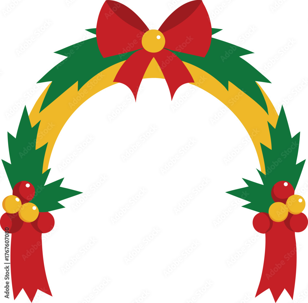 Naklejka premium Holiday Arch Decoration Red Bow Green Foliage Red Yellow Berries Festive Entrance Adornment Seasonal Design Vector