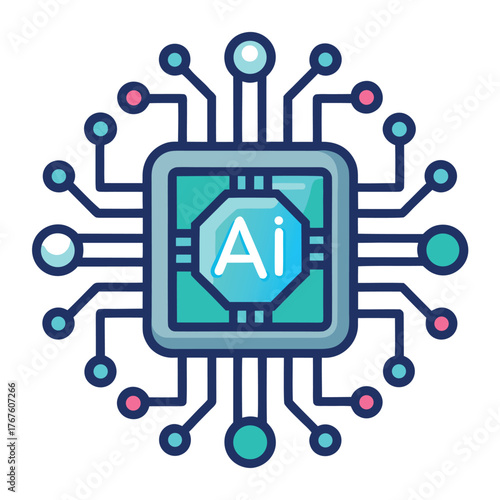 Colorful AI microchip illustration with circuit connections in a modern flat style