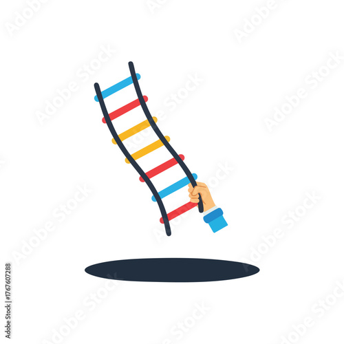 A hand holds a colorful ladder over a dark hole.