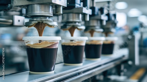 Industrial production line of creamy chocolate being dispensed into clear dessert cups in a food manufacturing facility setting, showcasing automation process