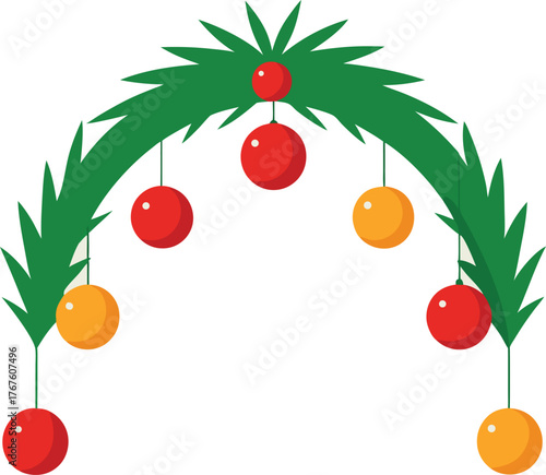 Arch frame border of green fir branches decorated with red and orange baubles on transparent background seasonal ornament