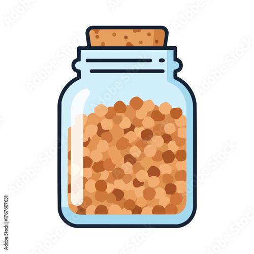 A jar filled with small, brown granules, sealed with a cork.