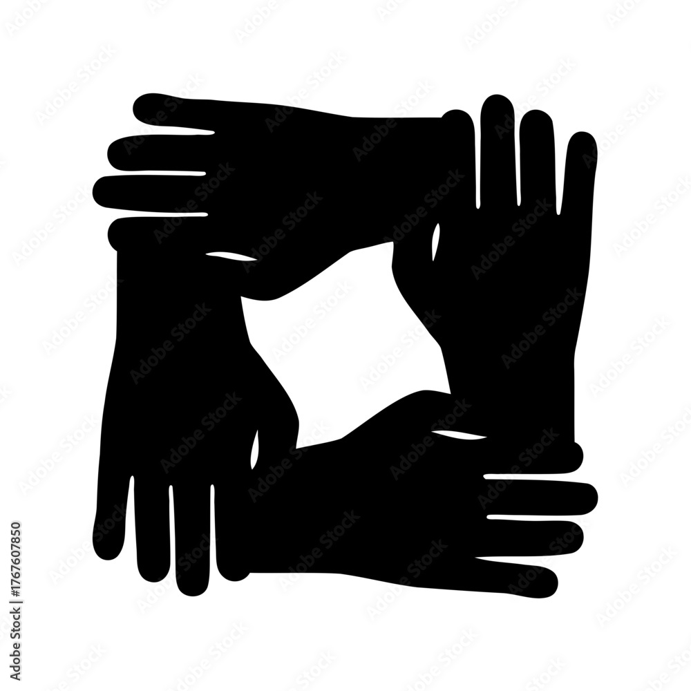 Obraz premium Four Hand Black Silhouettes Forming a Square Shape in Unity Graphic