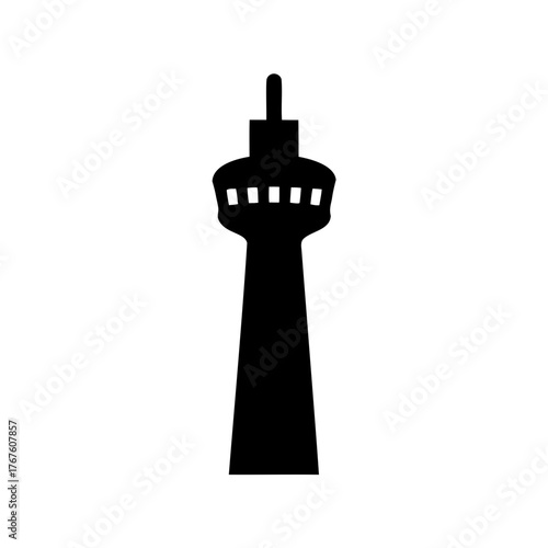 Black silhouette of a modern city tower with antenna on white