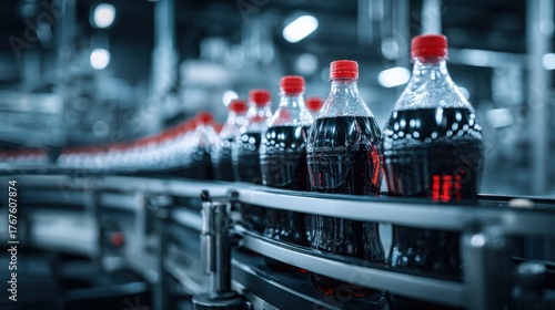 Bottles of Dark Soda on Production Line in Modern Beverage Factory with Bokeh Background and Industrial Equipment in Action for Commercial Use