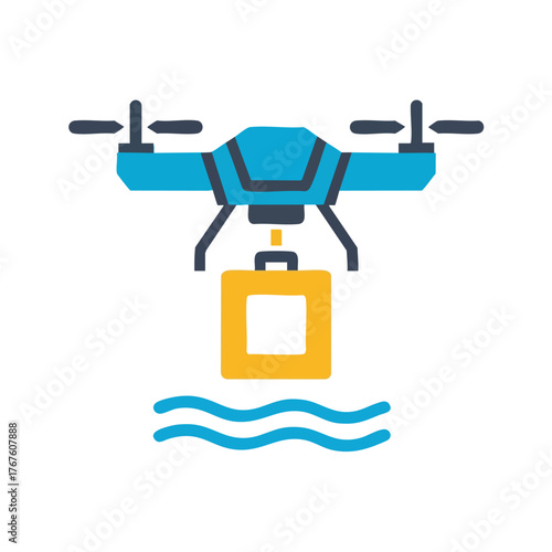 A blue drone carrying a yellow package over wavy lines.