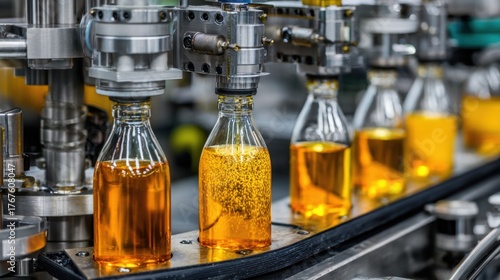 Bottling process of golden liquid in a modern factory, showcasing automation and efficiency, with vibrant colors and clear details of machinery, bottles, and beverages