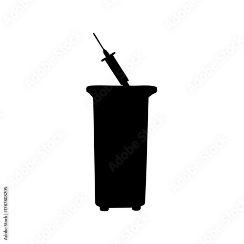 Dangerous disposal of a medical syringe in a trash can, black silhouette