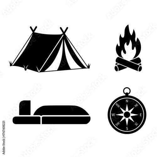 Camping Adventure Icons Set: Tent, Campfire, Sleeping Pad, Compass