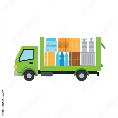 A green truck loaded with boxes, bottles, and containers.