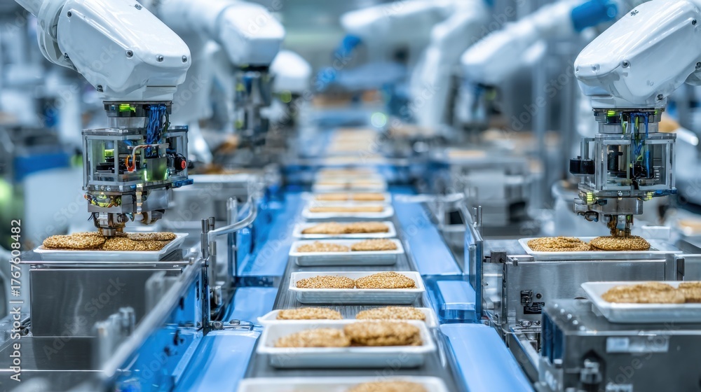 Naklejka premium Automated Robot Arms in Food Production Line Handling Cookie Dough on Conveyor Belt in Modern Industrial Bakery