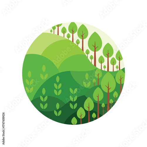 Stylized green landscape with hills and trees within a circle.