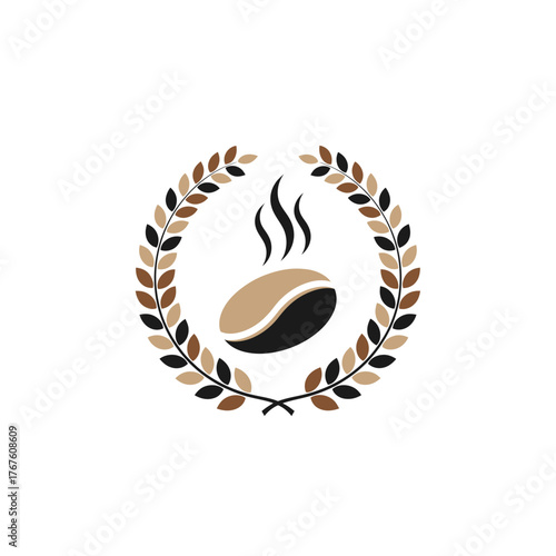 A coffee bean with steam rising, enclosed in a wreath. Browns and blacks on a white background
