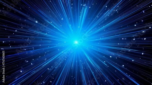 Abstract Blue Digital Tunnel With Bright Light In Center And Particles Moving In Perspective Motion Graphic Background
