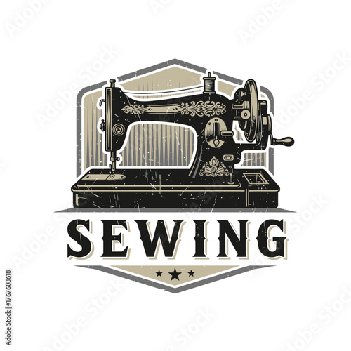 Vintage-style illustration featuring a detailed sewing machine within a badge, "SEWING" text below