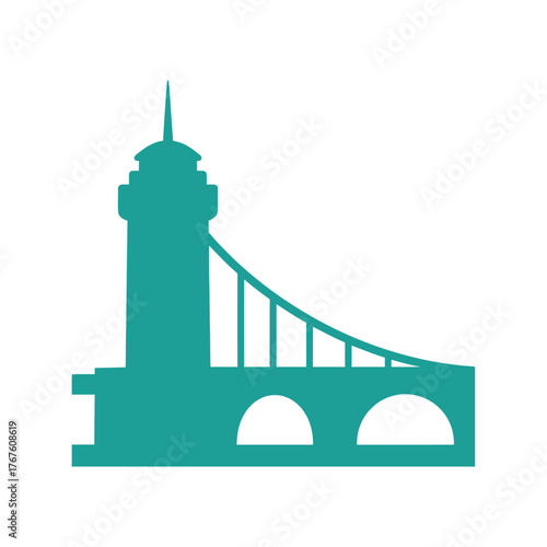 Turquoise bridge silhouette featuring a tower and curved suspension elements, minimalist design