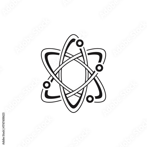 A black and white illustration of a stylized atom with circular orbits and orbiting bodies