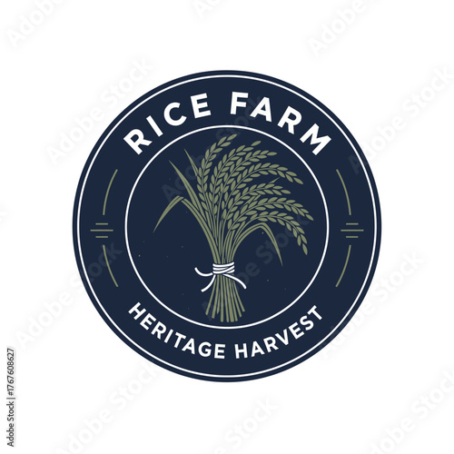 A circular emblem showcasing a bundle of grain within a navy and white ring. Text surrounds the center