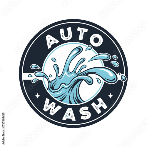 A circular emblem depicts water splashing inside, with the words "AUTO WASH" surrounding the image