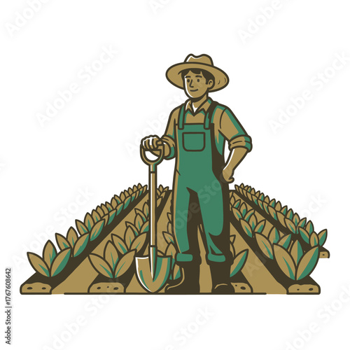 Illustration of a farmer standing among rows of plants, holding a shovel, wearing overalls