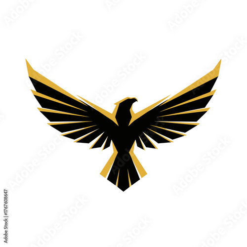A stylized eagle in flight, black body with gold accents, wings outstretched, against a white backdrop