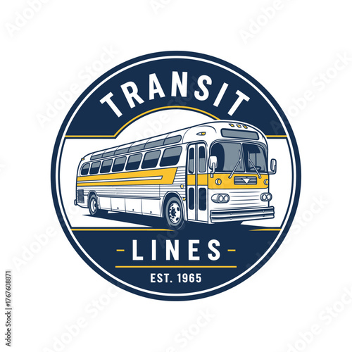 A vintage bus illustration within a circular emblem, featuring "TRANSIT LINES EST. 1965