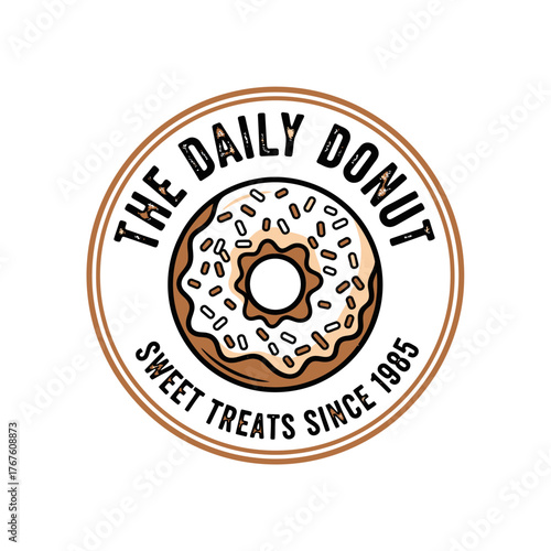 A circular illustration of a donut with sprinkles is in the center with text encircling it