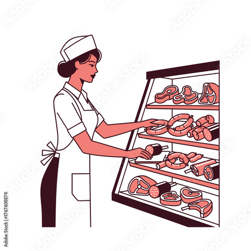 A butcher wearing a uniform interacts with a display case of various cuts of meat