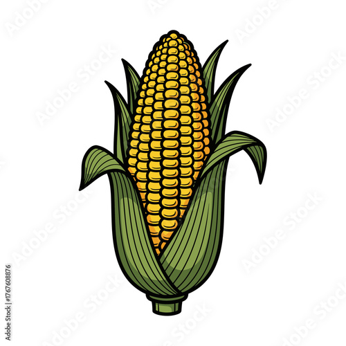 A vibrant illustration shows an ear of corn, with yellow kernels, green husks, and dark outlines