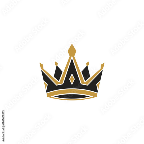 A regal crown illustration, featuring a symmetrical design in black, gold, and white, royalty