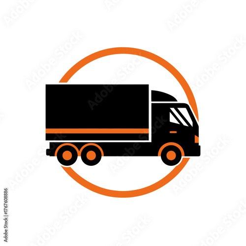A stylized vector illustration of a delivery truck in black and orange, encircled