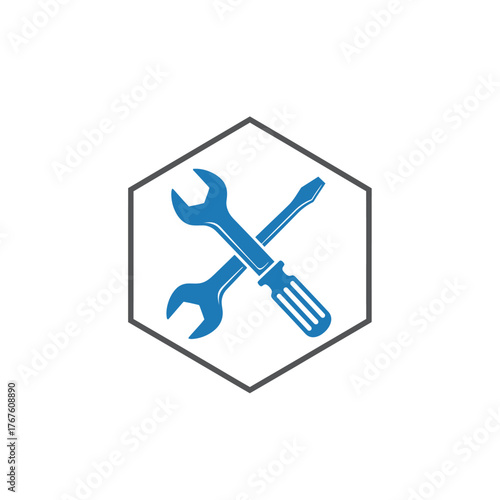 A blue wrench and screwdriver crisscross within a gray and white geometric shape