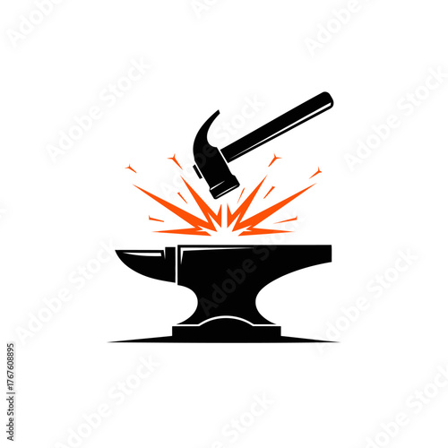 A graphic featuring a hammer striking an anvil, orange sparks, black silhouettes on a white backdrop