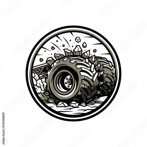 A stylized illustration features a large tire crushing rocks within a circular frame, action depicted