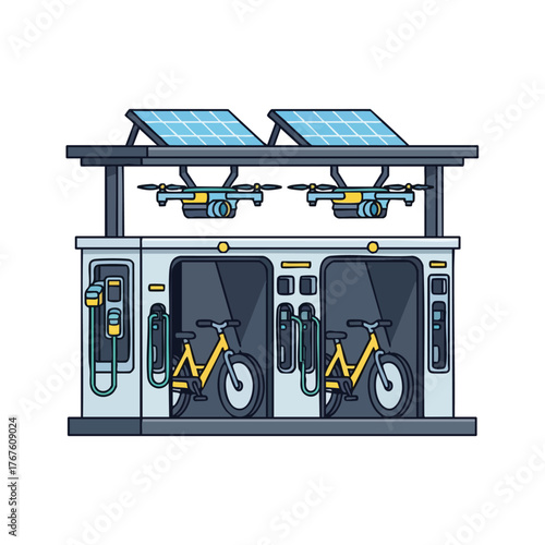 Futuristic charging station with drones and electric bikes powered by solar panels.