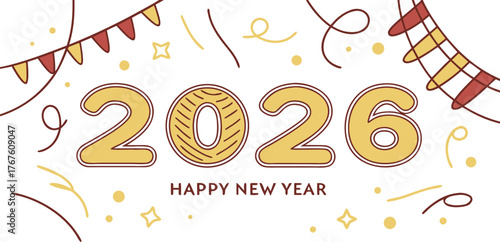 Happy New Year 2026 festive banner with golden typography and confetti. Celebration background for greeting cards, invitations, or digital posts. Modern decorative holiday illustration.