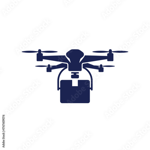 A dark blue drone silhouette carries a package on a white background, representing delivery