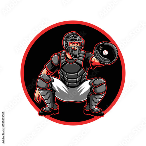 A catcher, in full gear, crouches in a circle, extending a mitt toward a baseball