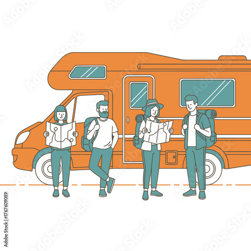 Illustration of a group of four travelers standing in front of an RV, each holding a map